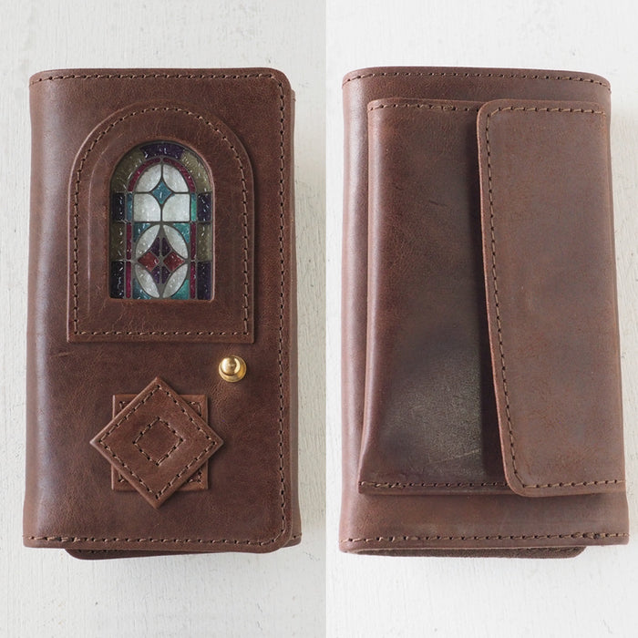 havito by waji tri-fold wallet "glart" stained glass antique door brown ladies [H0212-BR] 