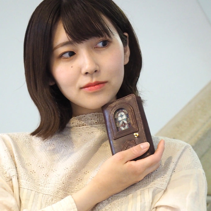 havito by waji tri-fold wallet "glart" stained glass antique door brown ladies [H0212-BR] 