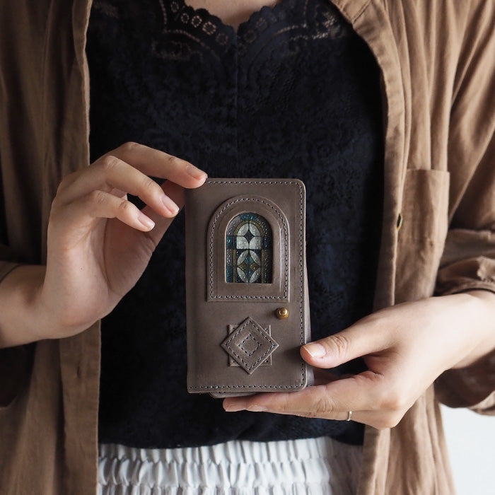 glart Stained Glass Antique Door Trifold Wallet, Light Gray, Women's [H0212-LGY], Real Glass, Genuine Leather, Leather Wallet, Leather Accessories, Brand Name Trifold Wallet, Compact Mini Wallet, Leather 