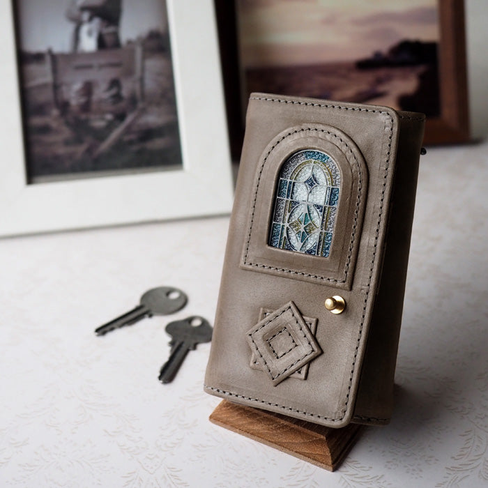 glart Stained Glass Antique Door Trifold Wallet, Light Gray, Women's [H0212-LGY], Real Glass, Genuine Leather, Leather Wallet, Leather Accessories, Brand Name Trifold Wallet, Compact Mini Wallet, Leather 