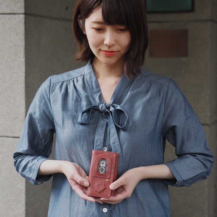 glart Stained Glass Antique Door Trifold Wallet, Red, Women's [H0212-RE], Real Glass, Genuine Leather, Leather Wallet, Leather Accessories, Brand Name Trifold Wallet, Compact Mini Wallet, Leather