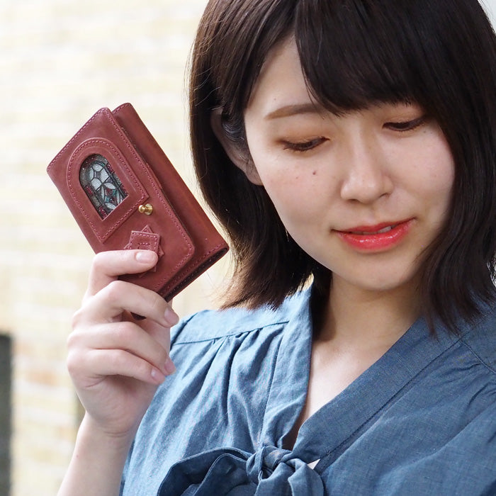 glart Stained Glass Antique Door Trifold Wallet, Red, Women's [H0212-RE], Real Glass, Genuine Leather, Leather Wallet, Leather Accessories, Brand Name Trifold Wallet, Compact Mini Wallet, Leather