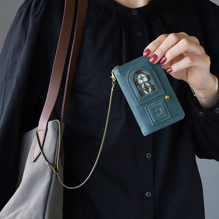 glart Pass Case, Stained Glass Antique Door, Navy Blue, Women's [H0213-NB]