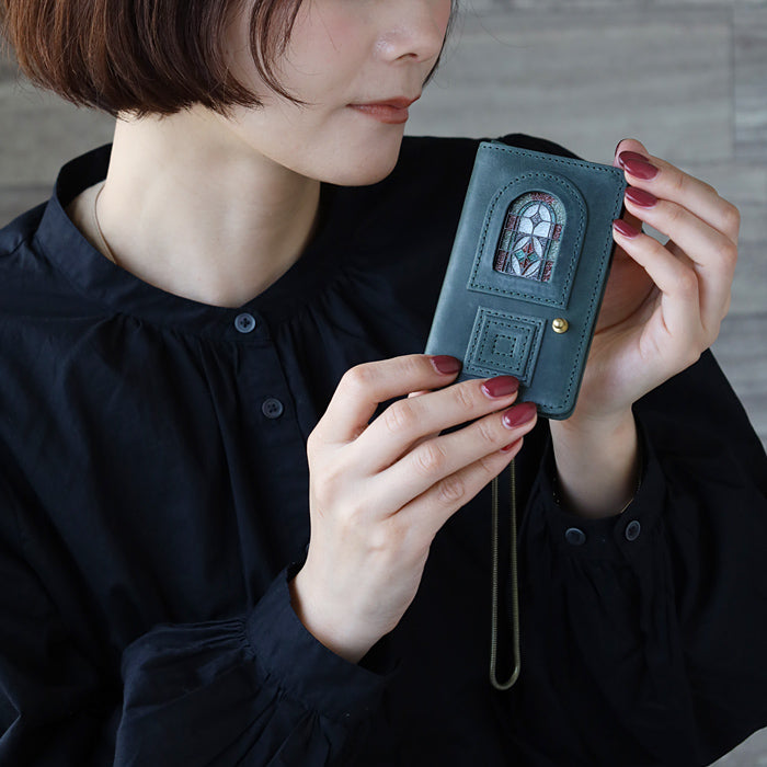 glart Pass Case, Stained Glass Antique Door, Navy Blue, Women's [H0213-NB]