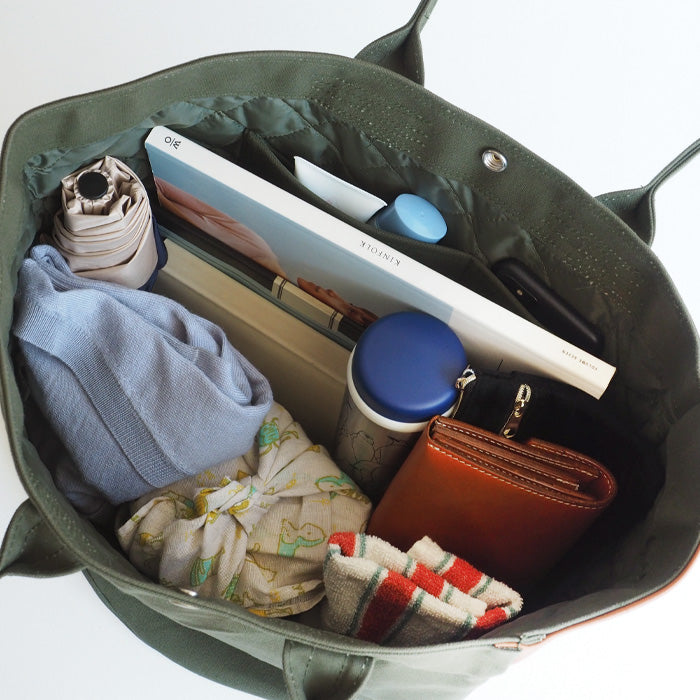 REAL STANDARD life Kurashiki canvas No. 9 x Himeji leather “BC Luton HELMETBAG” L size green shoulder tote bag [JT13007] 