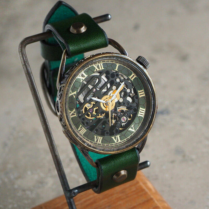 KINO Handmade Watch Automatic Winding Back Skeleton Mechanic Black Green [K-15-MBK-GR] 