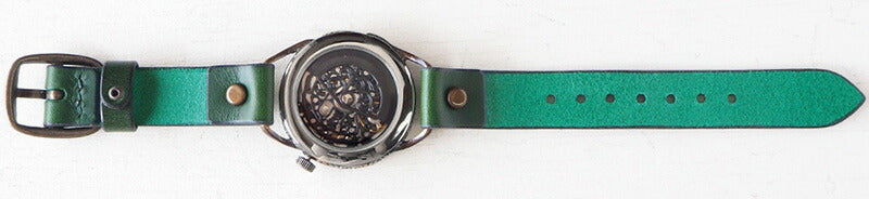 KINO Handmade Watch Automatic Winding Back Skeleton Mechanic Black Green [K-15-MBK-GR] 