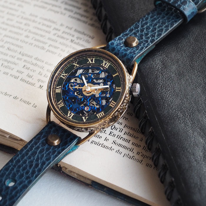 KINO(キノ) 手作り 腕時計 自動巻き 裏スケルトン メカニックブルー 真鍮ケース [K-15-MBL-BR]