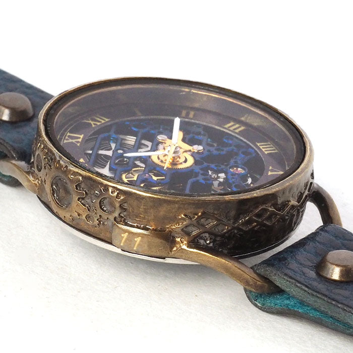 KINO Handmade Wristwatch Automatic Winding Back Skeleton Mechanic Blue Brass Case [K-15-MBL-BR] 
