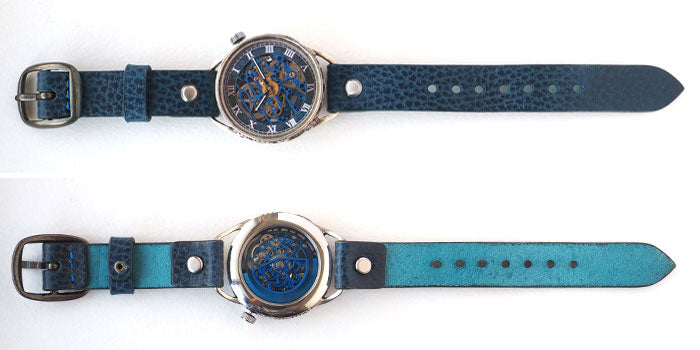 KINO Handmade Wristwatch Automatic Winding Back Skeleton Mechanic Blue Silver Case [K-15-MBL-SV] 