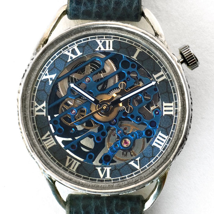 KINO Handmade Wristwatch Automatic Winding Back Skeleton Mechanic Blue Silver Case [K-15-MBL-SV] 