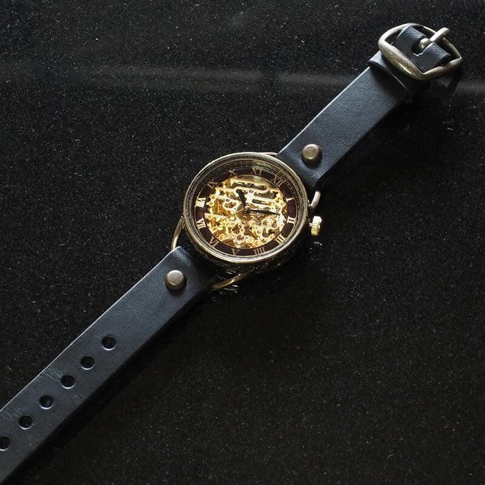 KINO Handmade Watch Automatic Winding Back Skeleton Mechanic Gold Black [K-15-MGD-BK] 