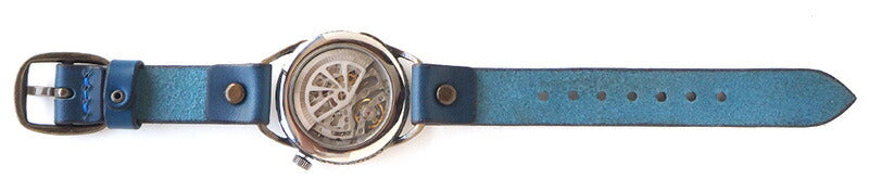 KINO Handmade Watch Automatic Winding Back Skeleton Mechanic Silver Blue [K-15-MSV-BL] 