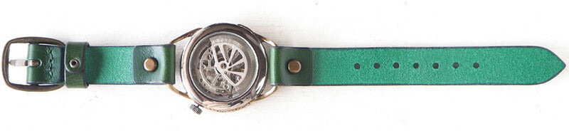 KINO 手工手錶 自動上鍊 後蓋 鏤空 mechanic 銀 綠色 [K-15-MSV-GR] 
