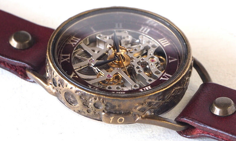 KINO(キノ) 手作り腕時計 自動巻き 裏スケルトン メカニックシルバー ワインブラウン [K-15-MSV-WI]