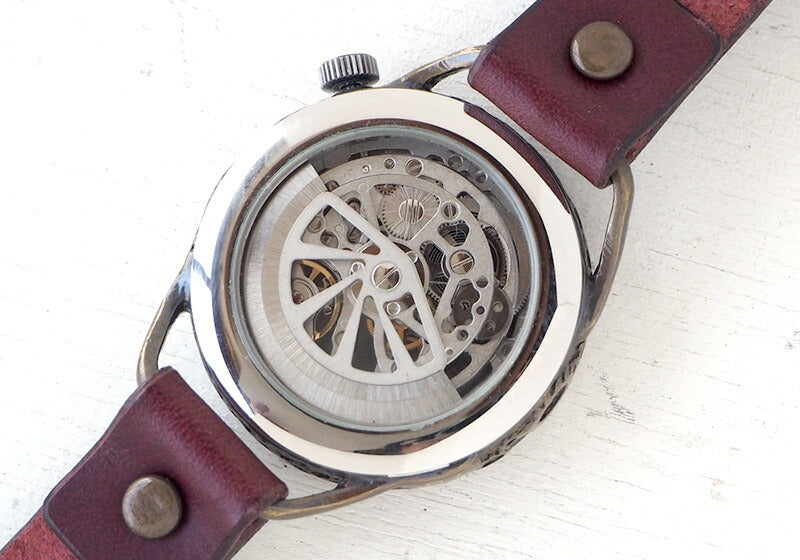 KINO(キノ) 手作り腕時計 自動巻き 裏スケルトン メカニックシルバー ワインブラウン [K-15-MSV-WI]