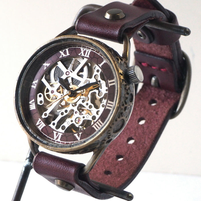 KINO(キノ) 手作り腕時計 自動巻き 裏スケルトン メカニックシルバー ワインブラウン [K-15-MSV-WI]