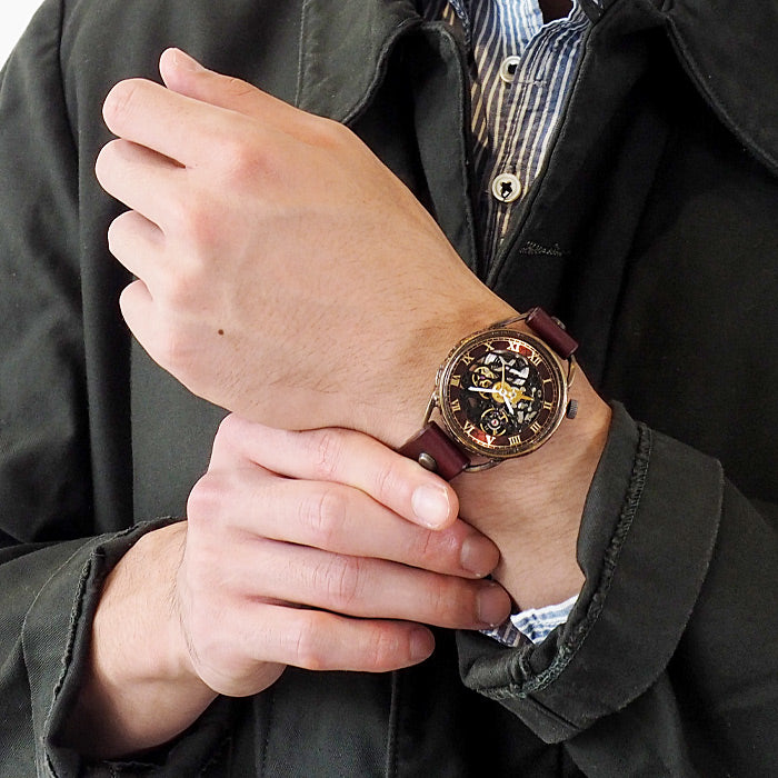 KINO(キノ) 手作り腕時計 自動巻き 裏スケルトン メカニックブラック ワインブラウン [K-15-WINE]