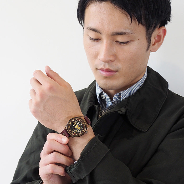 KINO(キノ) 手作り腕時計 自動巻き 裏スケルトン メカニックブラック ワインブラウン [K-15-WINE]