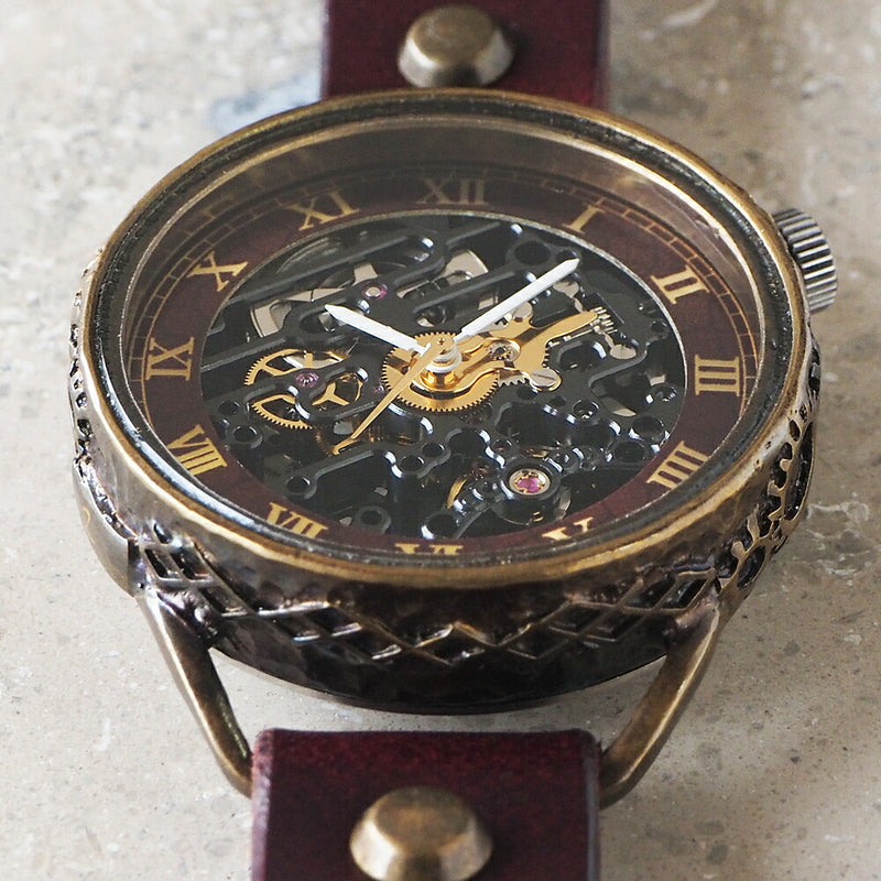 KINO(キノ) 手作り腕時計 自動巻き 裏スケルトン メカニックブラック ワインブラウン [K-15-WINE]