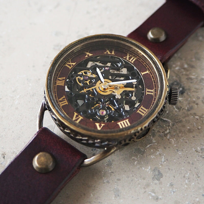 KINO(キノ) 手作り腕時計 自動巻き 裏スケルトン メカニックブラック ワインブラウン [K-15-WINE]