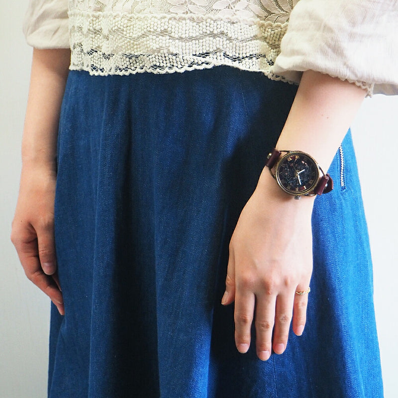 KINO(キノ) 手作り腕時計 自動巻き 裏スケルトン メカニックブラック ワインブラウン [K-15-WINE]