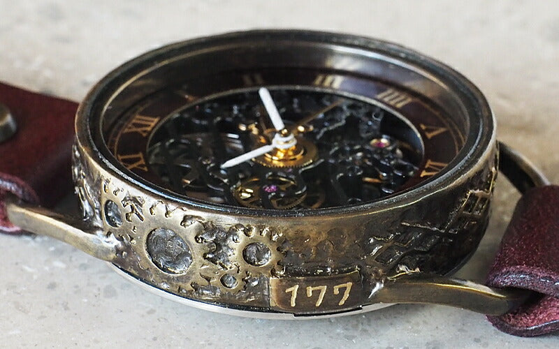 KINO(キノ) 手作り腕時計 自動巻き 裏スケルトン メカニックブラック ワインブラウン [K-15-WINE]