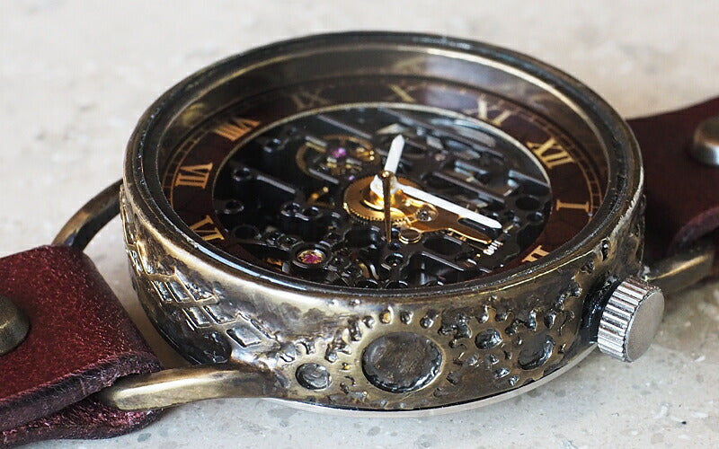 KINO(キノ) 手作り腕時計 自動巻き 裏スケルトン メカニックブラック ワインブラウン [K-15-WINE]