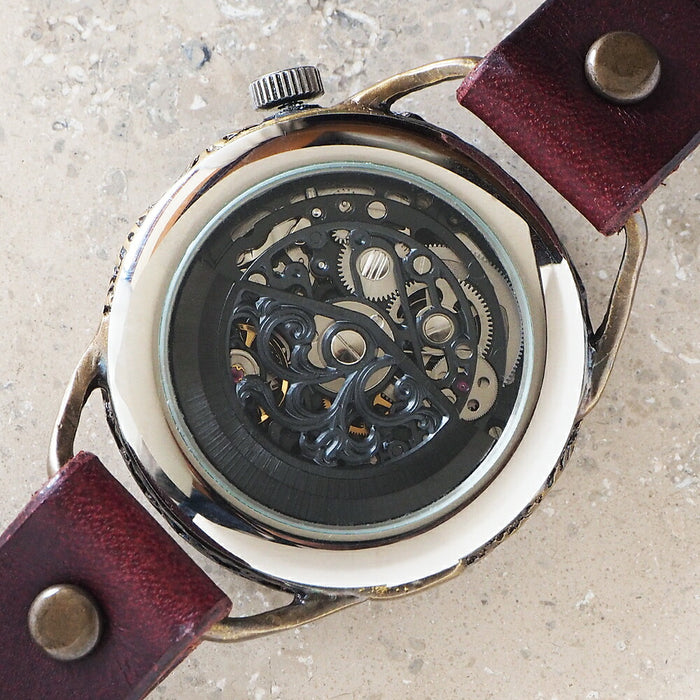KINO(キノ) 手作り腕時計 自動巻き 裏スケルトン メカニックブラック ワインブラウン [K-15-WINE]