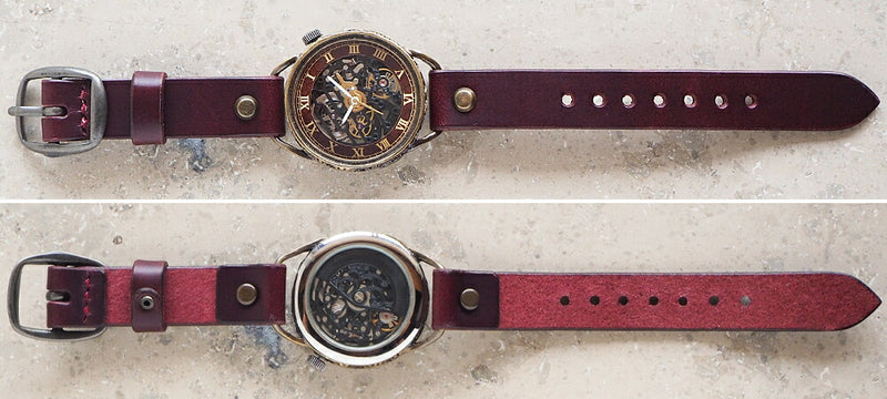 KINO(キノ) 手作り腕時計 自動巻き 裏スケルトン メカニックブラック ワインブラウン [K-15-WINE]