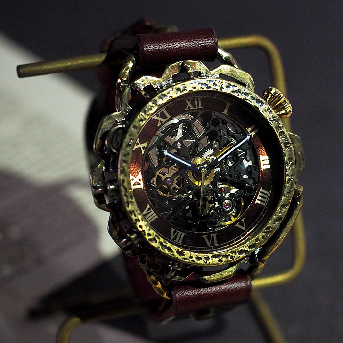 KINO（キノ） 手作り腕時計 自動巻き 裏スケルトン キノパンクブラック 真鍮 ワインブラウン [K-18-BR-WI]