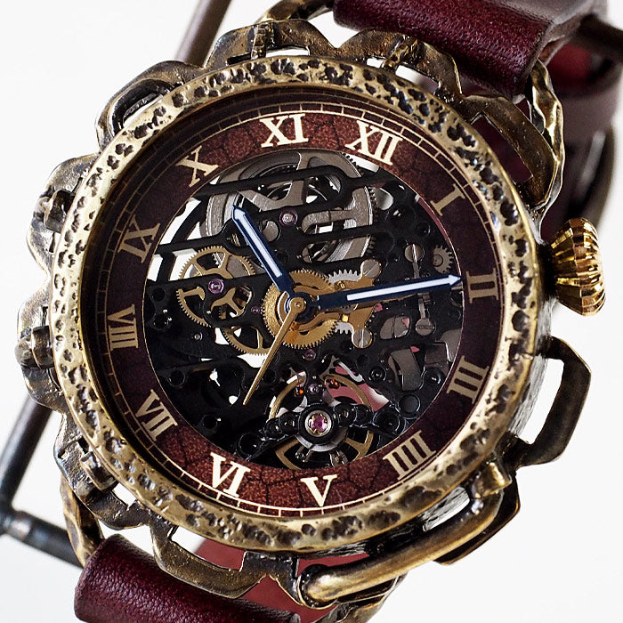 KINO（キノ） 手作り腕時計 自動巻き 裏スケルトン キノパンクブラック 真鍮 ワインブラウン [K-18-BR-WI]