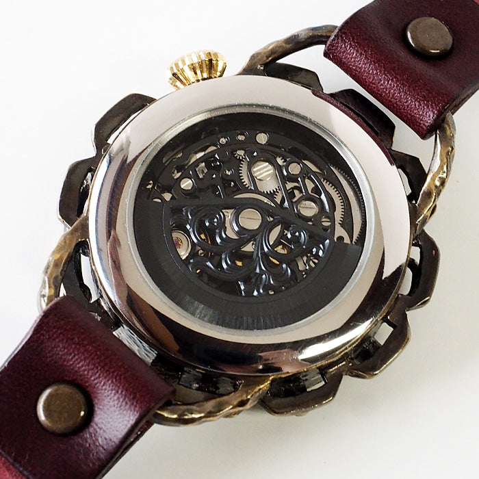 KINO handmade watch automatic winding back skeleton Kinopunk black brass wine brown [K-18-BR-WI] 