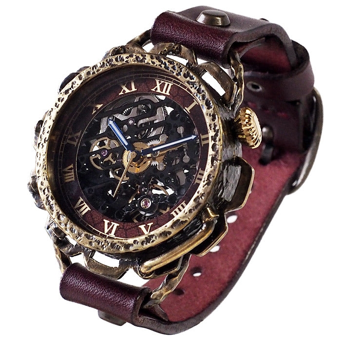 KINO（キノ） 手作り腕時計 自動巻き 裏スケルトン キノパンクブラック 真鍮 ワインブラウン [K-18-BR-WI]