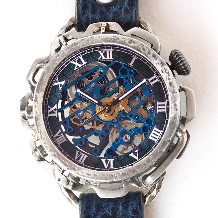 KINO (Kino) handmade watch automatic winding back skeleton kinopunk blue silver case [K-18-SV-BL] 