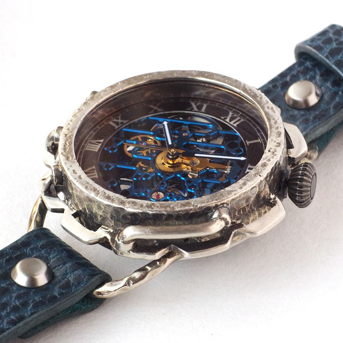 KINO (Kino) handmade watch automatic winding back skeleton kinopunk blue silver case [K-18-SV-BL] 