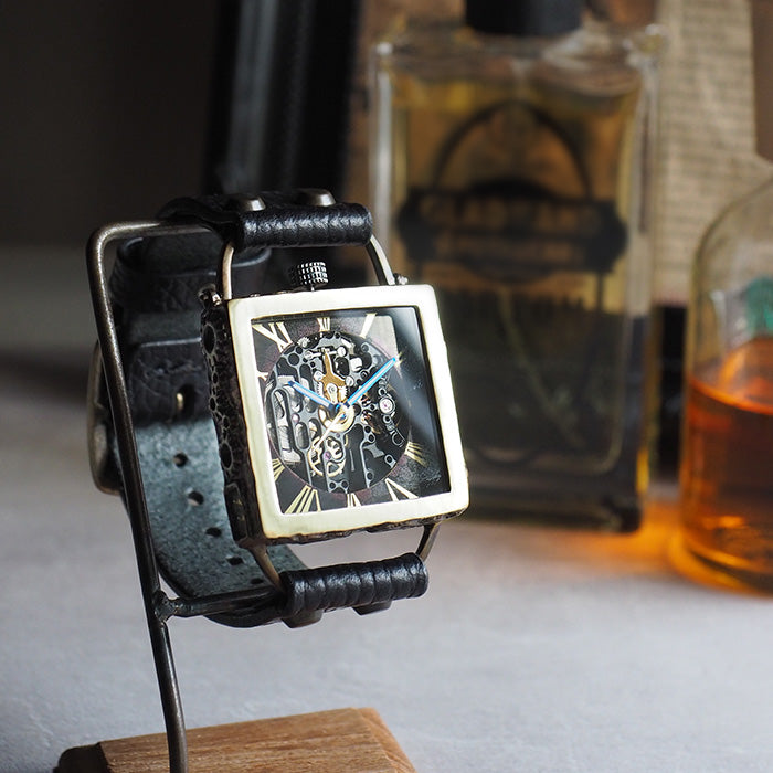 KINO(キノ) 手作り腕時計 自動巻き 裏スケルトン メカニックブラックスクエア ブラック [K-19-MBK-BK]