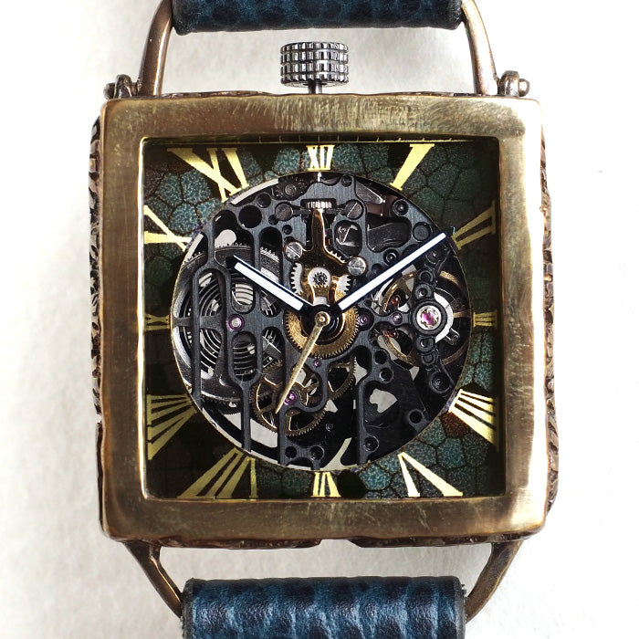 KINO(キノ) 手作り腕時計 自動巻き 裏スケルトン メカニックブラックスクエア ブルー [K-19-MBK-BL]