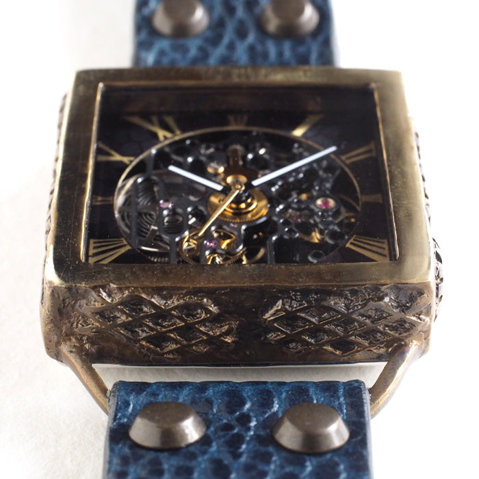 KINO(キノ) 手作り腕時計 自動巻き 裏スケルトン メカニックブラックスクエア ブルー [K-19-MBK-BL]