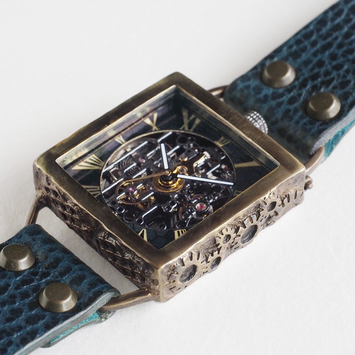 KINO(キノ) 手作り腕時計 自動巻き 裏スケルトン メカニックブラックスクエア ブルー [K-19-MBK-BL]