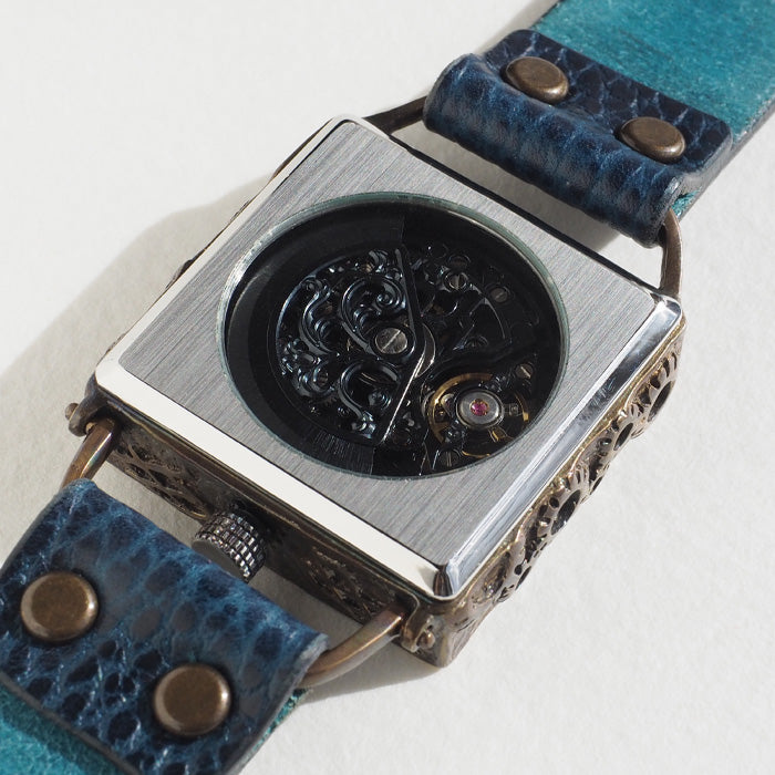 KINO(キノ) 手作り腕時計 自動巻き 裏スケルトン メカニックブラックスクエア ブルー [K-19-MBK-BL]