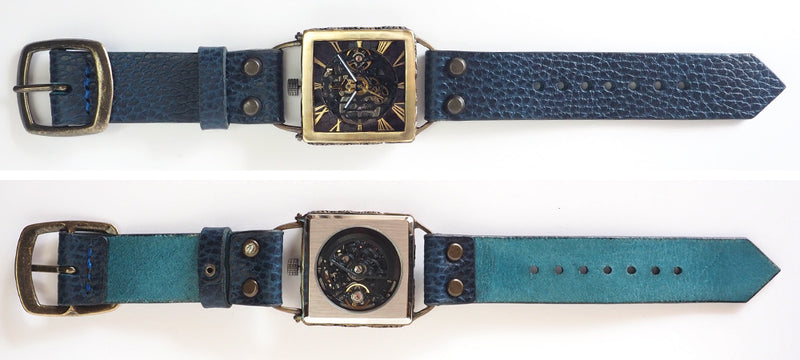 KINO(キノ) 手作り腕時計 自動巻き 裏スケルトン メカニックブラックスクエア ブルー [K-19-MBK-BL]