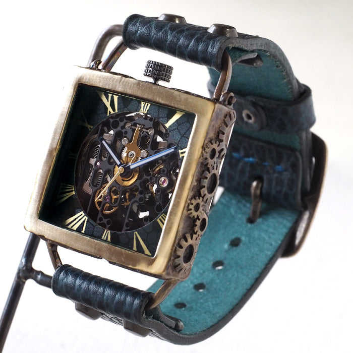 KINO(キノ) 手作り腕時計 自動巻き 裏スケルトン メカニックブラックスクエア ブルー [K-19-MBK-BL]