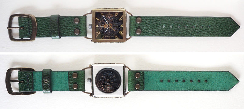 KINO(キノ) 手作り腕時計 自動巻き 裏スケルトン メカニックブラックスクエア グリーン [K-19-MBK-GR]