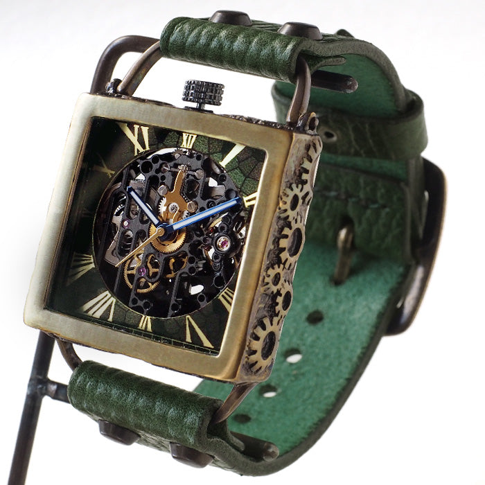 KINO Handmade Watch Automatic Winding Back Skeleton Mechanic Black Square Green [K-19-MBK-GR] 