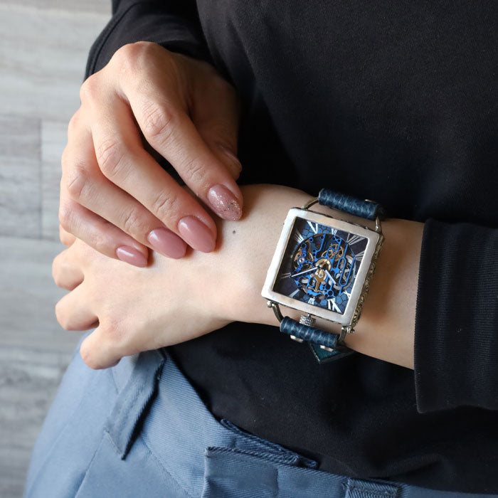 KINO(キノ) 手作り 腕時計 自動巻き 裏スケルトン メカニックブルー スクエア シルバーケース [K-19-MBL-BL]メンズ レディース