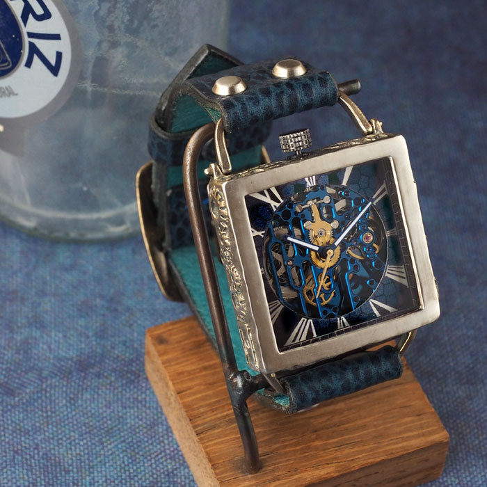 KINO(キノ) 手作り 腕時計 自動巻き 裏スケルトン メカニックブルー スクエア シルバーケース [K-19-MBL-BL]メンズ レディース