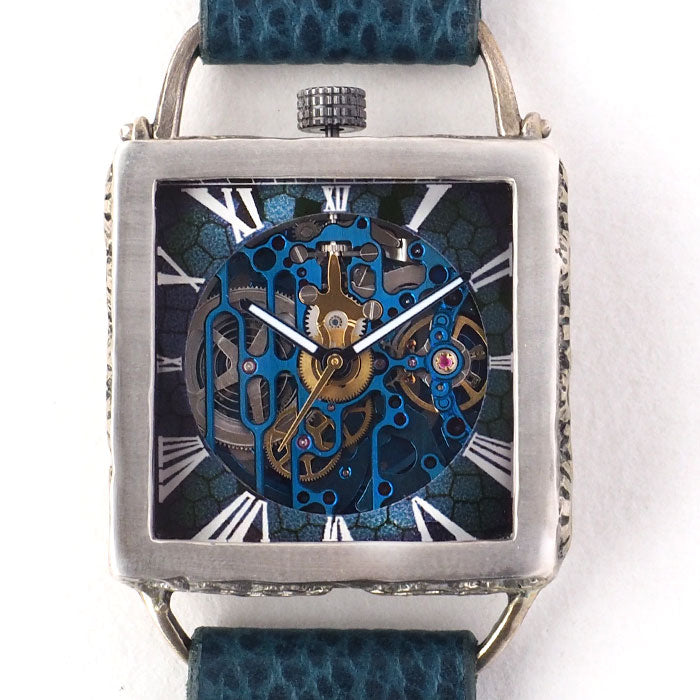KINO(キノ) 手作り 腕時計 自動巻き 裏スケルトン メカニックブルー スクエア シルバーケース [K-19-MBL-BL]メンズ レディース