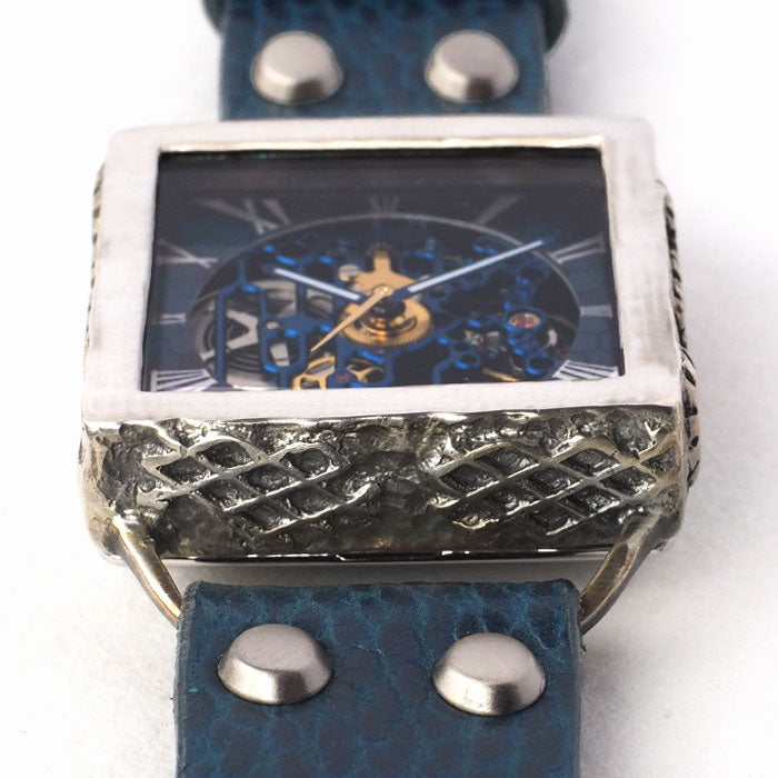 KINO(キノ) 手作り 腕時計 自動巻き 裏スケルトン メカニックブルー スクエア シルバーケース [K-19-MBL-BL]メンズ レディース