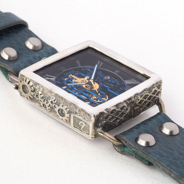 KINO(キノ) 手作り 腕時計 自動巻き 裏スケルトン メカニックブルー スクエア シルバーケース [K-19-MBL-BL]メンズ レディース
